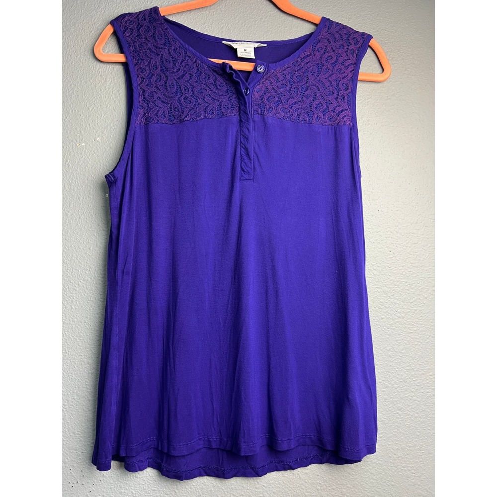 Liz Claiborne Med Deep Purple Lace Yoke Henley Tank Top Sleeveless Knit Blouse